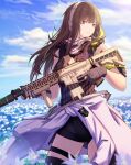  1girl 3_small_spiders absurdres assault_rifle bangs black_gloves black_scarf black_shorts blue_sky breasts brown_eyes brown_hair brown_sweater_vest closed_mouth clothes_around_waist commentary eyebrows_visible_through_hair feet_out_of_frame field flower flower_field girls&#039;_frontline gloves grifon_&amp;_kryuger gun headphones headset highres holding holding_gun holding_weapon jacket jacket_around_waist long_hair looking_away m4_carbine m4a1_(girls&#039;_frontline) multicolored_hair rifle scarf shorts sky solo standing sweater_vest walkie-talkie weapon white_jacket 