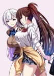  2girls akeyama_kitsune alternate_costume azur_lane bag bangs blue_bow blue_bowtie blue_eyes bow bowtie breasts brown_cardigan brown_hair cardigan cardigan_around_waist closed_mouth clothes_around_waist eyebrows_visible_through_hair feet_out_of_frame hair_ornament holding holding_bag huge_breasts light_brown_eyes long_hair looking_at_another mole mole_under_eye multiple_girls open_mouth parted_lips ponytail red_bow red_bowtie school_uniform shirt shoukaku_(azur_lane) simple_background skirt smile standing teeth white_hair white_shirt yellow_cardigan zuikaku_(azur_lane) 