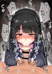  1boy 1girl absurdres bangs black_hair blazer blue_eyes blush breasts chimomi_ya covered_nipples fellatio hetero highres jacket long_hair looking_at_viewer neck_ribbon nijisanji oral penis pov ribbon sweat testicles tsukino_mito virtual_youtuber 