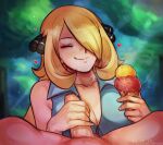  1boy 1girl :q absurdres artist_name blonde_hair blue_shirt blurry blurry_background blush breasts cleavage closed_eyes collarbone cynthia_(pokemon) day double_scoop facing_viewer fluffydango food forest hair_ornament hair_over_one_eye handjob heart hetero highres holding holding_food ice_cream ice_cream_cone implied_fellatio licking_lips long_bangs long_hair medium_breasts nature outdoors penis pokemon pokemon_(anime) pokemon_bw_(anime) pov pov_crotch precum saliva saliva_trail shirt sleeveless sleeveless_shirt solo_focus tongue tongue_out tree uncensored 