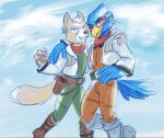  anthro arm_on_shoulder avian bird blue_body blue_feathers boots canid canine clothed clothing duo falco_lombardi feathers footwear fox fox_mccloud fur hi_res iinktopus male mammal nintendo orange_body orange_fur simple_background star_fox video_games 