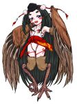  1girl absurdly_long_hair animal_ears animal_hands bird_legs black_hair blue_eyes blush_stickers brown_feathers brown_wings commission digitigrade fang harpy hat highres long_hair looking_at_viewer monster_girl olsa_(oftintys) open_mouth original skeb_commission solo talons thick_eyebrows tokin_hat very_long_hair white_background winged_arms wings 