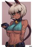  1girl animal_ears arm_behind_back bangs belt_pouch blue_eyes blue_gloves blunt_bangs bob_cut border breasts brown_background cat_ears closed_mouth collar cropped_shirt fang fingerless_gloves gloves grey_hair looking_at_viewer medium_breasts metal_collar ms._fortune_(skullgirls) navel paw_pose pouch short_hair simple_background skin_fang skullgirls slit_pupils smile solo toned underboob white_border zakusi 