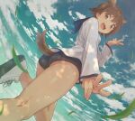  1girl animal_ears ass blue_swimsuit blush breasts brown_eyes brown_hair dog_ears dog_tail dress eyebrows_visible_through_hair from_below jabittoson looking_at_viewer miyafuji_yoshika open_mouth outdoors sailor_dress shiny shiny_hair short_hair sky small_breasts smile solo strike_witches swimsuit tail world_witches_series 