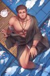  1boy abs bandages bara belt biceps bracelet brown_hair cloud dark-skinned_male dark_skin dungeon_and_fighter facial_hair fundoshi highres japanese_clothes jewelry kimono kulolin looking_at_viewer looking_up male_focus male_underwear manly mature_male muscular muscular_male necklace nipples pectorals petals plate red_eyes reflection scar scar_on_face serious sitting sky solo spiked_hair stubble thighs topless topless_male underwear water wooden_floor yukata 