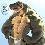  abs anthro biceps bodily_fluids claws clothing dialogue dinosaur e-w01f green_body hi_res jockstrap looking_at_viewer male muscular muscular_anthro muscular_male nipples pecs reptile saliva scalie scar smile solo sweat teeth theropod tongue tongue_out tyrannosaurid tyrannosaurus tyrannosaurus_rex underwear vein veiny_muscles yellow_eyes 