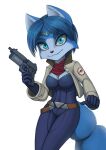  2022 anthro blue_body blue_eyes blue_fur canid canine clothing female fox fur gabbslines gun hi_res krystal looking_at_viewer mammal nintendo ranged_weapon simple_background solo star_fox uniform video_games weapon white_background white_body white_fur 