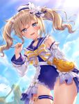  1girl :d bangs barbara_(genshin_impact) barbara_(summertime_sparkle)_(genshin_impact) bird blonde_hair blue_choker blue_eyes blue_sky blue_swimsuit blush bow choker cloud cloudy_sky collarbone detached_sleeves drill_hair duck eyebrows_visible_through_hair flower genshin_impact hair_between_eyes hair_flower hair_ornament hat long_hair looking_at_viewer matsunashi_noe official_alternate_costume one-piece_swimsuit open_mouth outdoors sailor_hat sky smile solo sunlight swimsuit twin_drills twintails white_flower white_headwear white_sleeves 