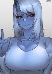  1girl blue_oni blue_shirt blue_skin blue_theme breasts cleavage closed_mouth colored_skin eyeshadow grey_background grey_hair hand_up horns kimiko_(zakusi) large_breasts long_hair makeup oni oni_horns original red_eyes shirt signature simple_background single_horn smile solo zakusi 
