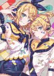  1boy 1girl 778-go aqua_eyes bandaid blonde_hair bow brother_and_sister detached_sleeves hair_between_eyes hair_ornament hair_ribbon hairclip headphones headset highres kagamine_len kagamine_rin long_hair looking_at_viewer multiple_girls necktie ribbon short_hair shorts siblings smile twins vocaloid 