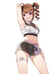  1girl ahoge argyle arm_at_side arm_behind_head arm_up armpits bangs belt blunt_bangs breasts brooch brown_hair chain contrapposto cowboy_shot crop_top drill_hair eyebrows_visible_through_hair from_below hair_belt hand_on_own_thigh highres idol idolmaster idolmaster_million_live! idolmaster_million_live!_theater_days jewelry kamille_(vcx68) linea_alba looking_at_viewer medium_breasts midriff miniskirt navel open_mouth presenting_armpit purple_eyes shirt short_shorts shorts side_drill sidelocks simple_background skirt sleeveless sleeveless_shirt smile solo taut_clothes taut_shirt thigh_strap turtleneck white_background wristband yokoyama_nao 