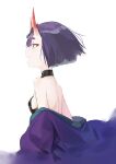  1girl bangs bare_shoulders bob_cut breasts coffeekite eyeliner fate/grand_order fate_(series) headpiece highres horns japanese_clothes kimono long_sleeves makeup off_shoulder oni oni_horns open_mouth profile purple_eyes purple_hair purple_kimono revealing_clothes short_hair shuten_douji_(fate) skin-covered_horns small_breasts smile wide_sleeves 