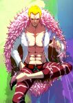  1boy abs bare_pectorals blonde_hair collarbone crossed_legs donquixote_doflamingo earrings eilinna evil_grin evil_smile grin hand_in_pocket highres jacket jewelry male_focus muscular muscular_male navel one_piece open_clothes open_jacket pectorals smile solo string sunglasses 