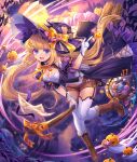  1girl :d absurdres bat black_dress blonde_hair blue_eyes blurry blurry_background blush boots bow breasts broom broom_riding brown_footwear cleavage depth_of_field dress fang flying full_body gloves hat hat_bow highres looking_at_viewer medium_hair open_mouth orange_bow original purple_headwear purple_vest shichigatsu smile solo thighhighs vest white_gloves white_legwear witch witch_hat 