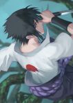  1boy black_hair blurry branch depth_of_field eilinna from_above from_behind knife male_focus naruto_(series) naruto_shippuuden profile red_eyes reverse_grip rope_belt solo uchiha_sasuke upper_body 