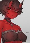  1girl bandeau breasts brown_hair choker cleavage closed_mouth colored_skin covered_nipples eyebrows_visible_through_hair fang fang_out grey_background horns kidouko_(zakusi) looking_at_viewer no_bra oni oni_horns orange_eyes original red_oni red_skin short_hair signature simple_background solo strapless tube_top zakusi 