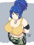  1girl arm_pouch arms_behind_back belt blue_eyes blue_hair breasts cargo_pants cleavage covered_nipples dated dog_tags earrings expressionless eyebrows_visible_through_hair from_above huge_breasts jewelry leona_heidern midriff navel no_bra pants short_ponytail solo tank_top the_king_of_fighters triangle_earrings tsukudani_(coke-buta) utility_belt 
