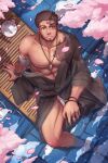  1boy abs bandages bara belt biceps bracelet brown_hair cherry_blossoms dark-skinned_male dark_skin dungeon_and_fighter facial_hair fundoshi highres japanese_clothes jewelry kimono kulolin looking_at_viewer looking_up male_focus male_underwear manly mature_male muscular muscular_male necklace nipples pectorals petals plate red_eyes scar scar_on_face serious sitting solo spiked_hair stubble thighs topless topless_male underwear water wooden_floor yukata 
