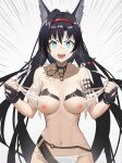  1girl :d animal_ears arknights arm_tattoo bikini black_gloves black_hair blaze_(arknights) blue_eyes breast_tattoo breasts cat_ears emphasis_lines extra_ears fingerless_gloves gloves groin hairband highres jewelry long_hair looking_at_viewer medium_breasts navel necklace nipples open_mouth red_hairband smile solo stomach swimsuit tattoo tearing_clothes tooth_necklace topless torn_bikini torn_clothes v-shaped_eyebrows very_long_hair white_bikini zhadao_lza 