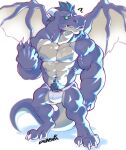  abs anthro biceps blue_body blue_hair claws clothing dragon e-w01f green_eyes hair hi_res horn jockstrap looking_up male muscular muscular_anthro muscular_male nipples pecs question_mark reptile scalie solo teeth underwear vein veiny_muscles wings 