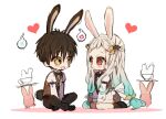  1boy 1girl :d animal animal_ears black_bow black_bowtie black_footwear black_legwear black_pants black_shorts blue_hair bow bowtie brown_eyes brown_vest bunny carrot_hair_ornament closed_mouth eye_contact food-themed_hair_ornament gradient_hair grey_hair hair_ornament hanako_(jibaku_shounen_hanako-kun) heart jibaku_shounen_hanako-kun juliet_sleeves kemonomimi_mode long_hair long_sleeves looking_at_another magatama magatama_hair_ornament multicolored_hair ofuda pants piyokichi puffy_sleeves rabbit_boy rabbit_ears rabbit_tail shirt shoes short_shorts shorts smile socks tail very_long_hair vest white_background white_shirt yashiro_nene 