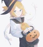  1girl :3 bangs black_headwear black_sailor_collar black_shorts blonde_hair blue_eyes bow closed_mouth collared_shirt cowboy_shot dutch_angle halloween halloween_bucket halloween_costume hat hat_bow hat_ribbon highres kagamine_rin knife legwear_under_shorts long_sleeves looking_at_viewer neckerchief parted_bangs ribbon sailor_collar sailor_shirt shiny shiny_hair shirt short_hair short_shorts shorts single_leg_pantyhose solo sumire_rin vocaloid white_background white_shirt witch_hat yellow_bow yellow_neckerchief yellow_ribbon 