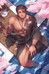  1boy abs bandages bara belt biceps bracelet brown_hair cherry_blossoms dark-skinned_male dark_skin dungeon_and_fighter facial_hair fundoshi highres japanese_clothes jewelry kimono kulolin looking_at_viewer looking_up male_focus male_underwear manly mature_male muscular muscular_male necklace nipples pectorals petals plate platform red_eyes scar scar_on_face serious sitting solo spiked_hair stubble thighs topless topless_male underwear water wooden_floor yukata 