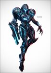  1girl arm_cannon armor artist_name claws dark_samus facing_viewer full_armor full_body glowing grey_background helmet k-suwabe metroid metroid_prime power_armor simple_background solo weapon 