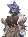  1girl absurdres ahoge animal_ear_fluff animal_ears bare_shoulders belt blue_hair brown_jacket clenched_hands closed_mouth covered_nipples eyebrows_visible_through_hair facial_mark fur_jacket grey_background hair_between_eyes highres huu_(mohujirou1811) jacket jewelry long_hair necklace open_clothes open_jacket original red_eyes shoulder_tattoo simple_background sleeves_past_wrists solo tattoo turtleneck very_long_hair 