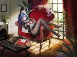  1girl absurdres azur_lane blue_hair bodystocking box breasts chimney closed_mouth commentary_request corded_phone couch curtains day dress feet flower flower_pot full_body gift gift_box gloves hair_ornament highres indoors legs lips long_hair long_sleeves looking_at_viewer marco_polo_(azur_lane) marco_polo_(the_queen_of_hearts)_(azur_lane) medium_breasts pantyhose phone plant red_eyes rotary_phone shadow shaobao_(sdhx3728) simple_background sitting smile solo table tattoo tied_hair underboob window 