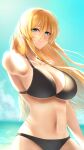  1girl alternate_costume aqua_sky arm_behind_back artist_name azur_lane bangs banned_artist bikini bismarck_(azur_lane) black_bikini black_swimsuit blonde_hair blue_eyes breasts cleavage closed_mouth collarbone eyebrows_visible_through_hair highres large_breasts lips long_hair looking_at_viewer mior navel ocean ocean_bottom smile solo standing swimsuit 