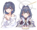  1girl black_gloves black_hair blue_eyes bow bow_earrings cake chain earrings food gloves hair_intakes highres hololive hololive_english jewelry mechanical_halo off_shoulder ouro_kronii shirt shiunnkaku sparkling_eyes virtual_youtuber white_background white_shirt 