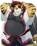  2022 anthro belly big_belly biped bottomwear clothing eye_patch eyewear felid hi_res kemono male mammal overweight overweight_male pantherine seventh_heim shorts simple_background solo tiger train_(artist) video_games white_background 