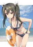  1girl adapted_costume bikini black_bikini breasts brown_eyes cleavage commentary_request cowboy_shot front-tie_top grey_hair highres innertube kantai_collection long_hair looking_at_viewer minosu small_breasts solo swimsuit twintails zuikaku_(kancolle) 