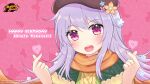  1girl beret copyright copyright_name finger_heart flower hair_flower hair_ornament happy_birthday hat heart highres logo looking_at_viewer mahjong_soul michiyon official_art open_mouth orange_scarf pink_background purple_eyes purple_hair scarf sweater takanashi_hinata yostar 
