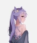  1girl awuwyn back_tattoo bare_shoulders blush dragon_tattoo eyebrows_visible_through_hair from_behind genshin_impact hair_between_eyes hair_cones hair_ornament highres japanese_clothes keqing_(genshin_impact) kimono long_hair looking_at_viewer looking_back parted_lips purple_eyes purple_hair shiny shiny_hair smile solo tattoo teeth twintails white_background 