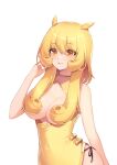  1girl absurdres bangs blonde_hair breasts breasts_out china_dress chinese_clothes chung_(ugwa) cleavage curly_hair dress eyebrows_visible_through_hair hair_censor hair_over_breasts highres medium_breasts original panties panty_straps side-tie_panties simple_background solo ugwa underwear upper_body white_background yellow_dress yellow_eyes 