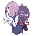  1girl arikindows10 artist_name ass blush closed_mouth hair_over_one_eye happy_birthday hat little_witch_academia long_hair looking_at_viewer luna_nova_school_uniform outstretched_arms purple_eyes purple_hair school_uniform shiny shiny_hair simple_background solo sucy_manbavaran witch witch_hat zombie_pose 