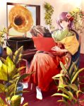  1girl chair flower flower_pot green_kimono hair_flower hair_ornament hawai-tari hieda_no_akyuu highres japanese_clothes kimono phonograph plant purple_hair record red_skirt sitting skirt solo tabi touhou window 