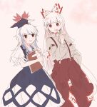  2girls :d baggy_pants bangs beige_shirt blue_dress blue_headwear blunt_bangs bow clothing_cutout collared_dress collared_shirt d: dango dot_nose dress dutch_angle eating eye_contact feet_out_of_frame food fujiwara_no_mokou hair_bow hand_in_pocket hand_up hat hatching_(texture) high-waist_pants holding holding_food holding_notebook itomugi-kun kamishirasawa_keine light_blue_hair linear_hatching long_dress long_hair long_sleeves looking_at_another looking_to_the_side multicolored_hair multiple_girls muted_color notebook object_hug ofuda ofuda_on_clothes open_mouth outdoors pants parted_lips pink_background puffy_long_sleeves puffy_pants puffy_short_sleeves puffy_sleeves red_eyes red_pants sanshoku_dango shirt shirt_tucked_in short_sleeves side-by-side sleeve_garter smile straight_hair streaked_hair suspenders tokin_hat touhou very_long_hair wagashi walking white_bow white_hair wing_collar 