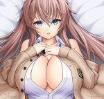  1girl asamura_hiori azur_lane bed beige_cardigan blue_eyes blush breasts cardigan cleavage collared_shirt highres impero_(azur_lane) impero_(languid_librarian)_(azur_lane) large_breasts long_hair looking_at_viewer lying no_bra official_alternate_costume on_back on_bed open_mouth pink_hair shirt sleeveless sleeveless_shirt solo sweater upper_body very_long_hair white_shirt 