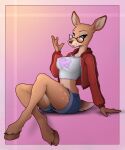  2022 anthro blue_bottomwear blue_clothing blue_shorts bottomwear breasts cervid clothing female hi_res hoodie hooves jacket mammal red_clothing red_hoodie red_topwear shorts simple_background solo topwear yakovlev-vad 