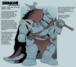  anthro armor corrsk digital_media_(artwork) dragon english_text headgear helmet hi_res holding_object horn male melee_weapon simple_background solo text warhammer_(weapon) weapon 