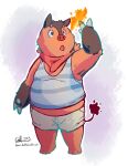  2013 anthro biped bottomwear bulge clothing fire hi_res kernelewdies male nintendo orange_body pignite pok&eacute;mon pok&eacute;mon_(species) shirt shorts simple_background slightly_chubby solo topwear unavailable_at_source video_games 