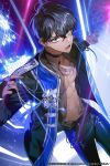  1boy abs black_hair blue_eyes brie_(saibai_shounen) dark-skinned_male dark_skin idol jacket jewelry long_sleeves male_focus muscular muscular_male official_art open_clothes open_jacket pants ring saibai_shounen short_hair solo stage_lights sukja tight tight_pants 