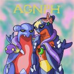  1:1 agnph album_cover ambiguous_gender apricorn black_sclera blue_body bp_(artist) cel_shading cover digital_drawing_(artwork) digital_media_(artwork) duo ekans english_text feral fish gabite garchomp holding_object looking_at_viewer marine multicolored_body nintendo pink_flower pok&eacute;mon pok&eacute;mon_(species) scalie shaded shark sharp_teeth simple_background soft_hair_(band) standing teeth text two_tone_body video_games yellow_text 