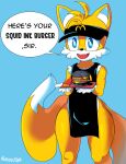  anthro apron apron_only blue_eyes burger canid canine clothing dialogue food fox fur kurosu169 male mammal mcdonald&#039;s miles_prower mostly_nude offering_to_viewer sega solo sonic_the_hedgehog_(series) thick_thighs white_body white_fur yellow_body yellow_fur 
