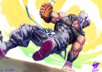 1boy artist_name bara biceps bracelet cloud cup dai-xt day disposable_cup gauntlets helmet highres jacket jewelry logo looking_to_the_side male_focus manly muscular muscular_male original pants parkour pectorals shoes solo thick_arms white_hair 