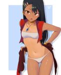  1girl :&lt; artist_name ass_visible_through_thighs asymmetrical_bangs bandeau bangs bare_shoulders black_hair blue_background bracelet breasts brown_eyes collarbone commentary cosplay cowboy_shot cropped_vest dark-skinned_female dark_skin dressing drop_shadow earclip fushigi_no_umi_no_nadia hair_ornament hairclip hand_on_hip highres ijiranaide_nagatoro-san jewelry long_hair looking_at_viewer nadia_la_arwall nadia_la_arwall_(cosplay) nagatoro_hayase navel neck_ring necklace open_mouth outside_border panties pelvic_curtain pendant red_vest romaji_commentary ryness small_breasts solo standing tan tanlines thigh_gap underwear vest white_bandeau white_panties 