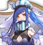  1girl absurdres blue_hair cleavage_cutout closed_mouth clothing_cutout cropped eyelashes flag hat highres long_hair multicolored_hair original sanada_keisui see-through solo striped striped_headwear stripped tsurime two-toned_hair upper_body white_hair white_headwear yellow_eyes 